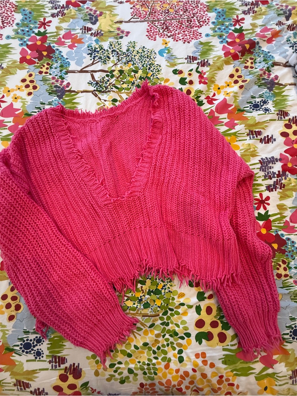 Wildfox Hot Pink Reversible Distressed Chunky Knit Sweater S